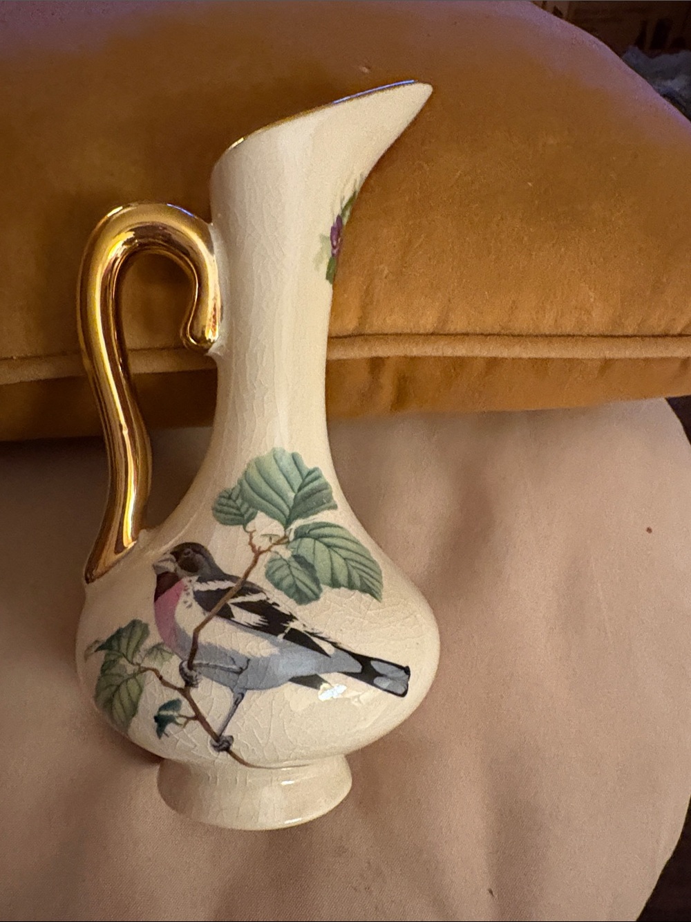 Vintage Gold-Handle Cream Ceramic Pitcher with Bird Motif